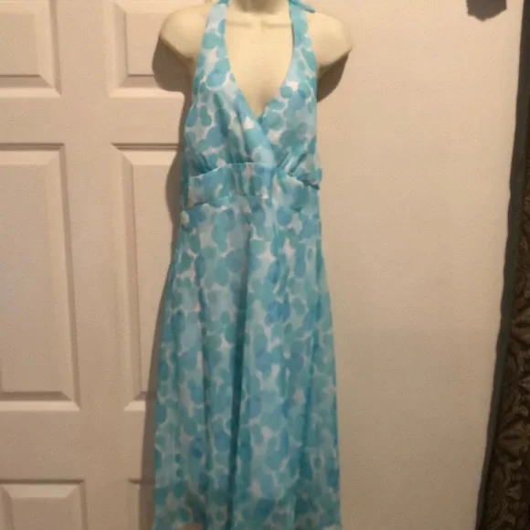 FLP Faith.Love. Fashion size 16 aqua blue & white print halter dress midi length - Picture 5 of 13